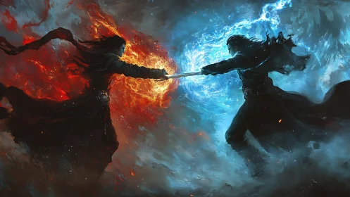 Two robed figures clash with opposing fire and ice magic