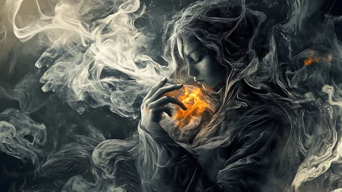 Solitary ethereal woman with swirling smoke and flame.