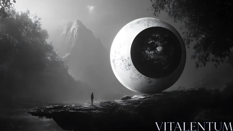 Solitary figure with large spherical eye in misty valley.