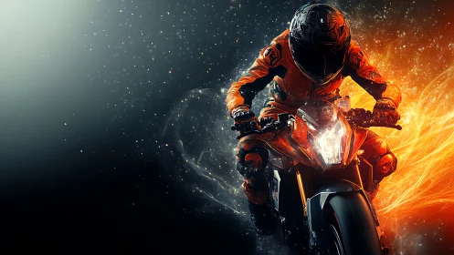 Fiery motorcycle rider racing through glowing cosmic sparks.