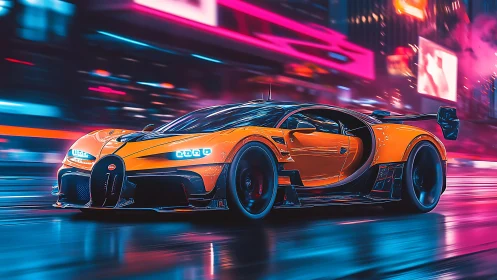 Orange hypercar moves through neon city street at night