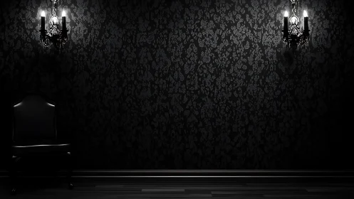 Velvet gloom parlor with lone chair and twin wall sconces.