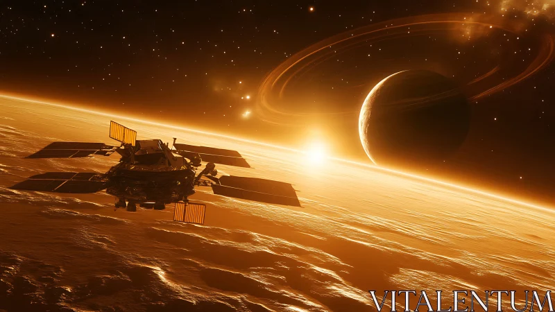 Solar probe skims a glowing gas giant at luminous sunrise