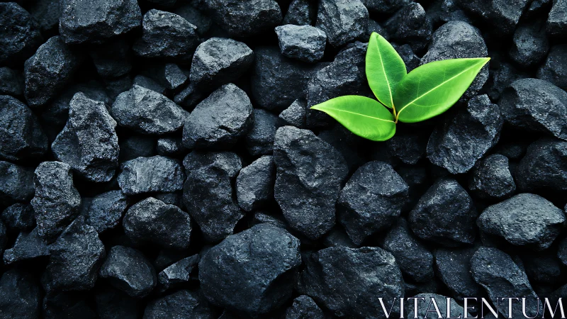 Bright green leaves growing on black coal stones, nature contrast.