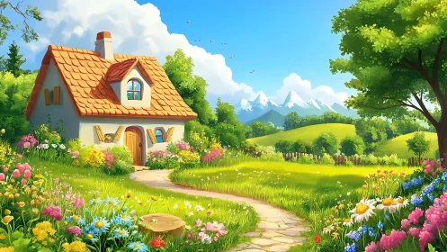 Sunlit cottage garden with winding stone path and peaks.