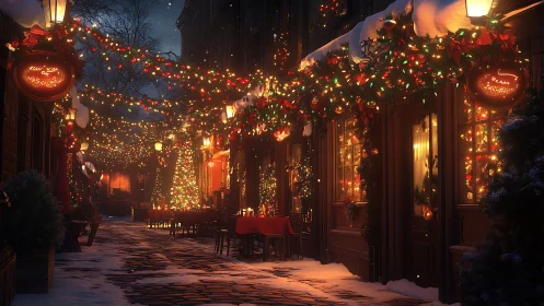 Snowy cobblestone street lined with glowing Christmas lights.