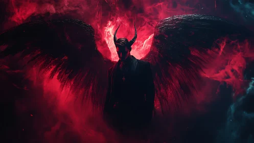 Horned dark angel emerges from infernal crimson nebula