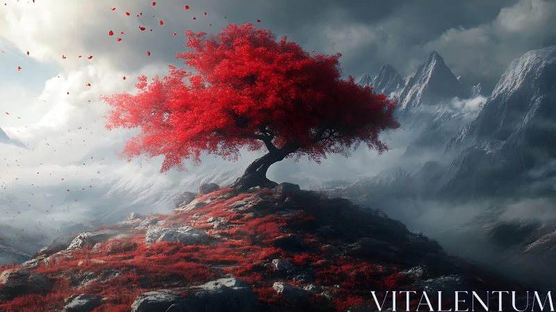 Solitary crimson tree on rocky summit in misted alpine range