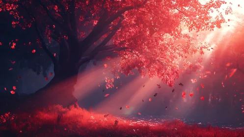 Red-leaf tree stands in forest clearing under angled sunlight