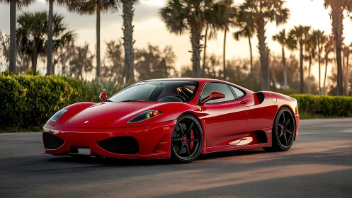 Sunlit red sports car waits calmly along a palm-lined road