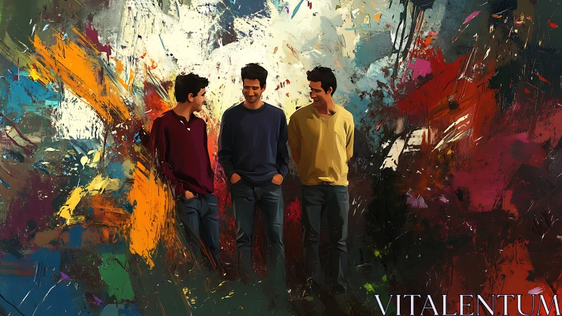 Three young men against vivid abstract painted backdrop.