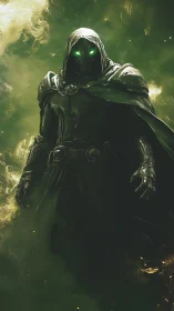Hooded arcane warlord in emerald nebula mist with glowing eyes
