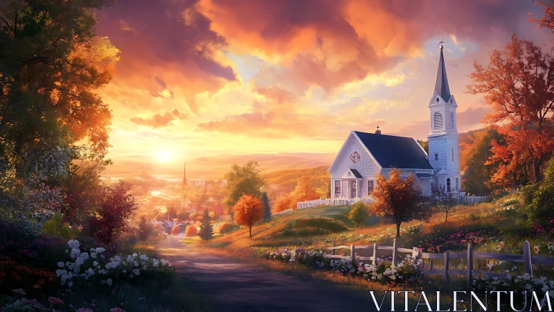 Sunlit country church above valley at glowing sunset.