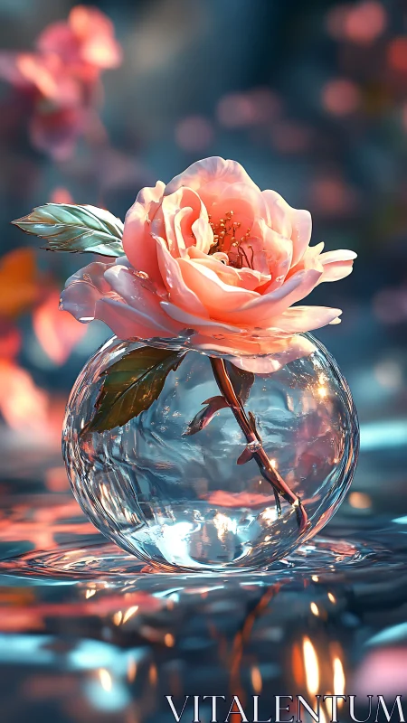 Blush rose in glass orb vase over reflective liquid surface.