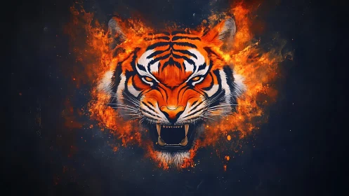Blazing tiger visage roaring from a storm of molten fire.