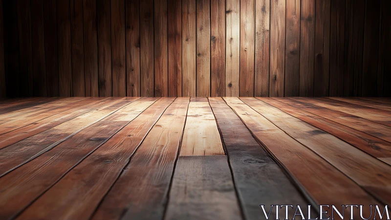 Rustic wooden room interior with warm plank flooring.