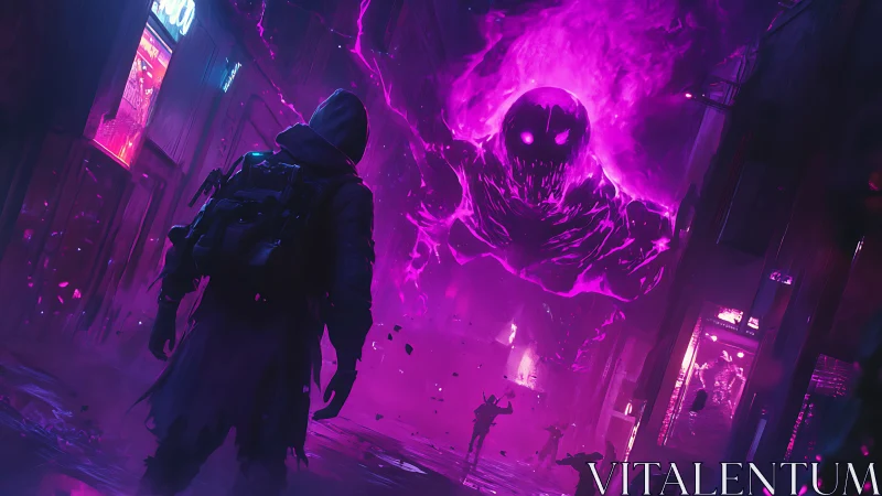 Hooded figure confronts massive purple energy creature