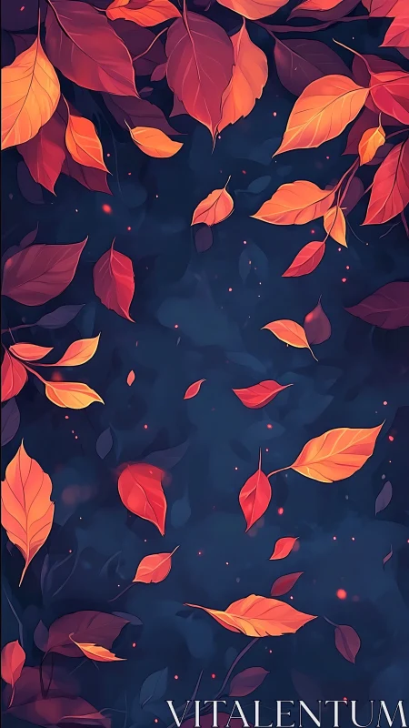 Falling orange and red leaves overlay dark blue background