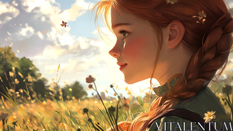 Profile portrait of girl in sunlit wildflower meadow field.