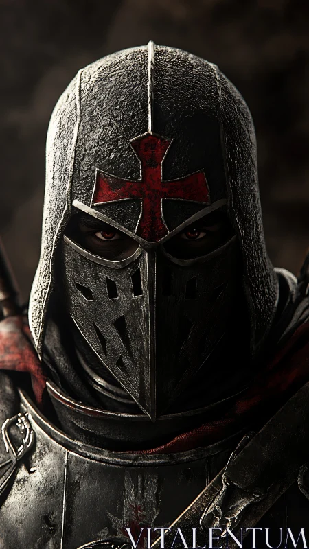 Crusader knight portrait in dark, battle-worn armor.