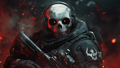 Tactical skull-masked operator in burning embers environment