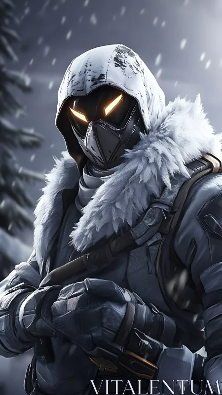 Cybernetic winter assassin portrait in tactical hooded gear.