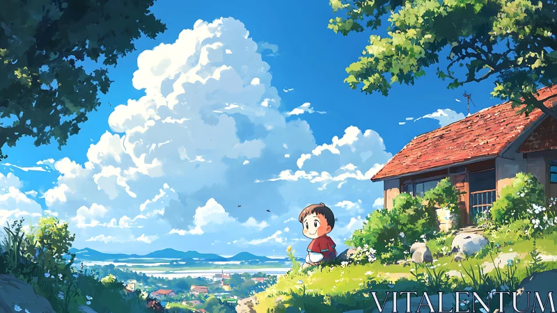 Child on hillside near rural house under expansive clouds.