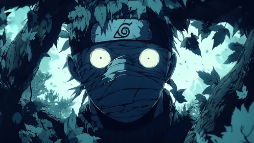 Leaf-shrouded ninja with glowing eyes in eerie moonlit woods.