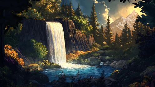 Sunlit forest waterfall and mountain pool at day’s hush.