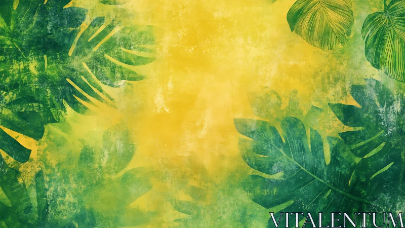 Tropical leaf abstraction over textured yellow green field.