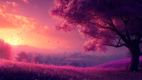 Digitally rendered tree and valley under saturated sunset sky