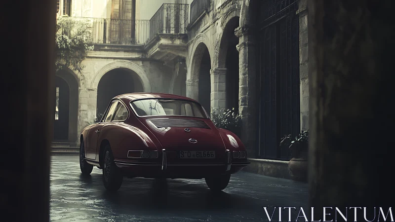 Crimson classic coupe brooding quietly in an old stone courtyard.