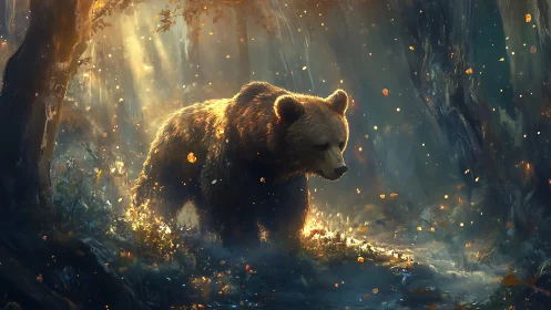 Backlit forest bear under volumetric god-rays at dusk.