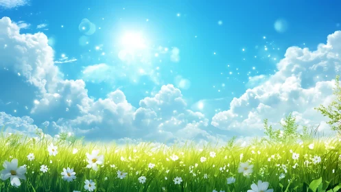 Bright spring meadow stretches under radiant midday sun