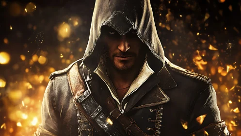 Hooded rogue stands in burning golden embers of darkness