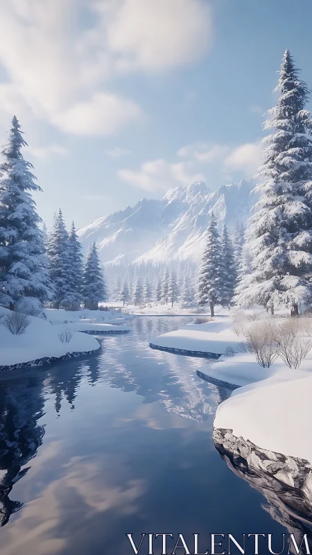 Silence of blue river and crystal pines in winter hush.