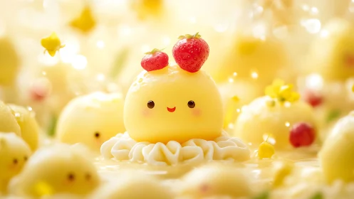 Cute yellow character with strawberry hat in cream scenery.