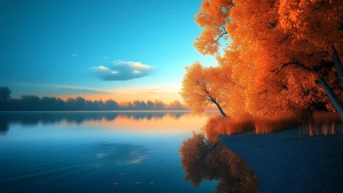 Golden autumn trees line calm lake under clear sunrise sky