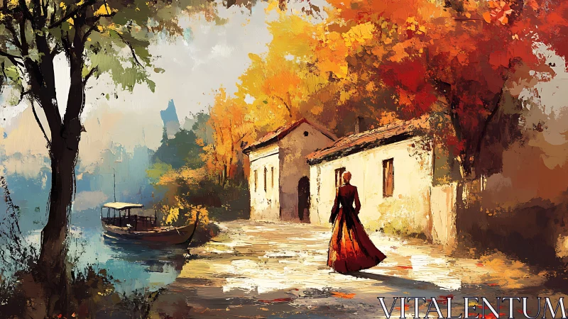 Woman walking by lakeside village under autumn foliage.