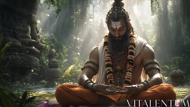 Forest sage in sunlit meditation, garlanded in quiet power.