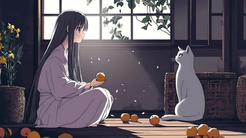 Anime girl with oranges and white cat in wooden sunlit room