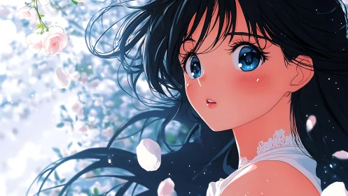 Blue-eyed anime girl amid drifting blossoms gazes skyward
