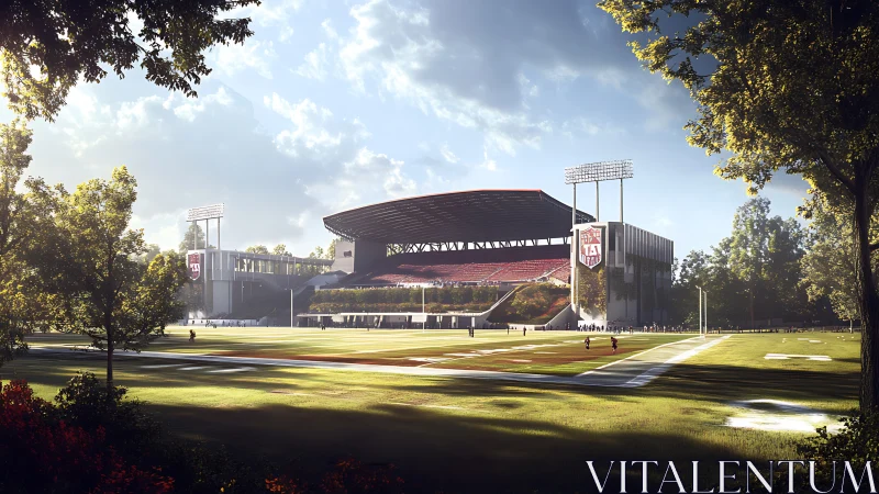 Modern football stadium with open field in sunny daylight.