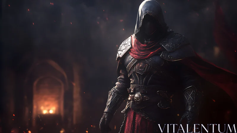 Hooded dark assassin in ember lit gothic corridor environment.