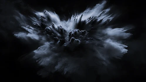 Monochrome dust explosion blooms against a deep void