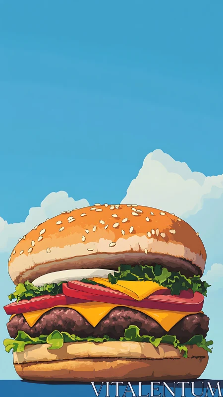 Layered cheeseburger illustration anchors bold sky backdrop