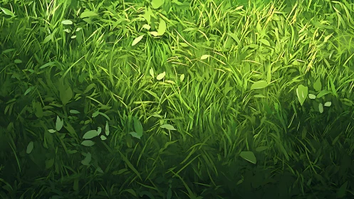Sunlit digital grass field renders layered organic textures