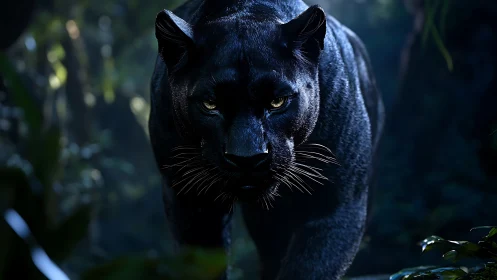 Black Panther Portrait with Luminous Eyes in Jungle.