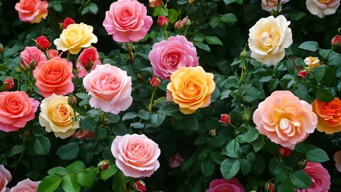 Multicolored Rose Garden Flourishing with Dense Foliage Display