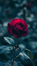 Deep Crimson Rose with Blurred Garden Backdrop.